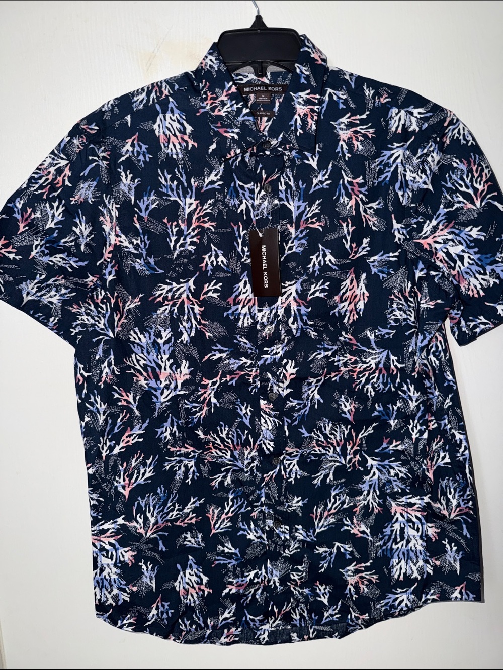 Michael Kors Navy Short Sleeve Coral-Print Button Down Shirt